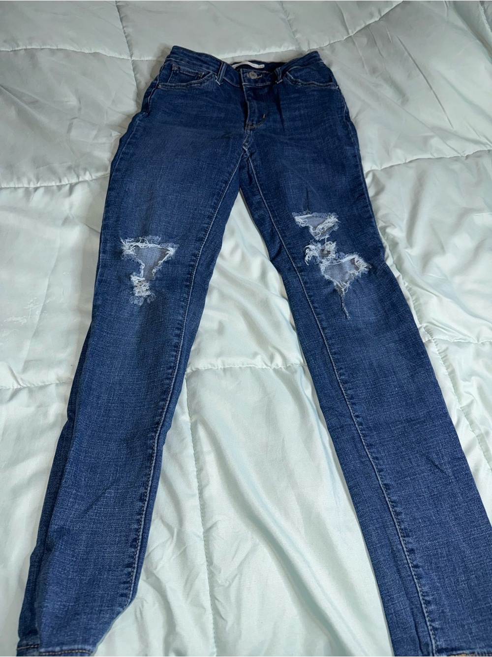 Distressed Dark Blue Skinny Jeans - Stretch High-Rise